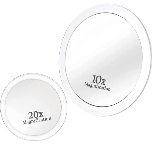Large Hand Mirror with Comfy Handle - No Distortion White Portable Handheld Mirror (White) & 20X & 10X Magnifying Mirror Set with 3 Suction Cups Each - Compact & Travel Ready Mirror for Makeup Bundle