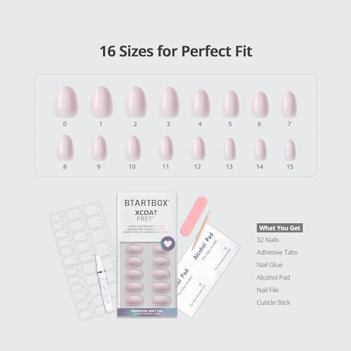 BTArtbox Extra Short Almond Press On Nails Kit, Nude Pink (32 Pcs)