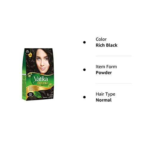 Dabur Vatika Henna Hair Color - Henna Hair Dye, Henna Hair Color and Conditioner, Zero Ammonia Henna for Strong and Shiny Hair, 100% Grey Coverage, 6 Sachets X 10g (Rich Black)