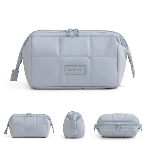 Travel Makeup Bag with Brush Pocket & Compartments Blue