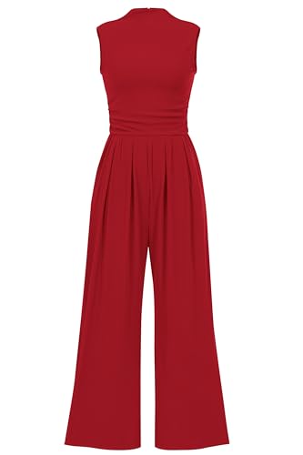 PRETTYGARDEN Womens Summer Jumpsuits Dressy Casual One Piece Outfits Sleeveless Mock Neck Wide Leg Pants Rompers with Pockets (Red,Small)