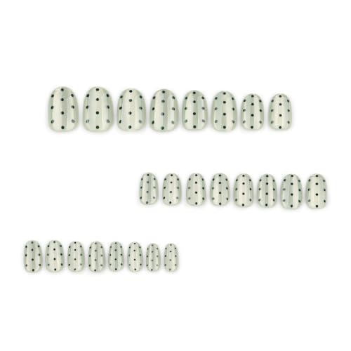 UZJXQ Short Oval Metallic Green Black Polka Dot Press-On Nails - Style-4, Reusable