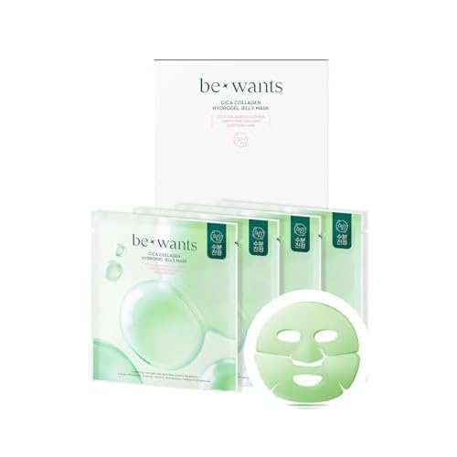 bewants Cica Collagen Hydrogel Jelly Mask with Centella Asiatica, Aloe Vera, Cucumber Extract ? Moisturizing Face Sheet for Soothing, Firming, and Radiance (4 Packs)