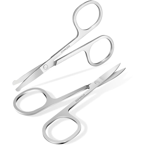 2 Pack Facial Grooming Scissors - Small Nose, Eyebrow, Mustache & Beard Trimmers - Stainless Steel, Curved & Rounded Tips - Silver