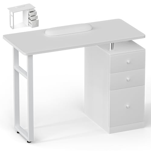 White Manicure Table with Wrist Cushion & Storage Drawers