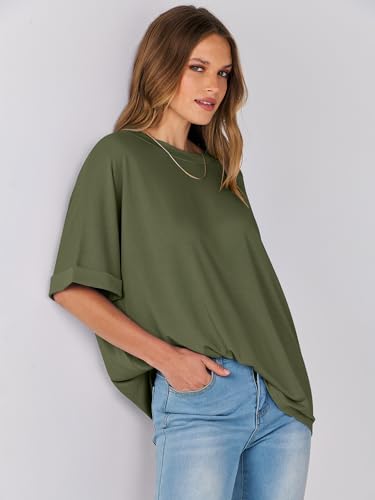 ANRABESS Women's Oversized T Shirts Short Sleeve Crewneck Summer Tops Casual Loose Basic Tee Shirts 2024 Trendy Clothes Olive Green Small