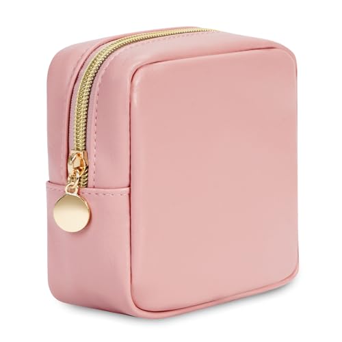 Small Makeup Bag with Matte Leather & Gold Zipper - Pink