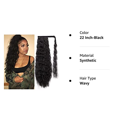 Stamped Glorious Long Corn Wave Ponytail Extension Magic Paste Heat Resistant Wavy Synthetic Wrap Around Ponytail Black Hairpiece for Women (22 Inch, 22 Inch-Black)