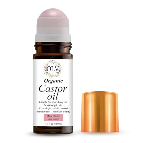 Organic Castor Oil with Rose Quartz Roller, 100% Pure Cold-Pressed Hexane-Free Unrefined, Reduces Fine Lines & Deeply Hydrates for Hair Growth, Eyelashes, Eyebrows & Firms Skin (50ML/1.7oz)