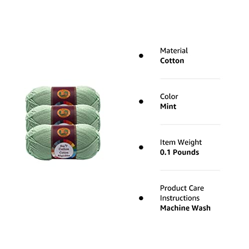 Lion Brand 24/7 Cotton Yarn, Lightweight Yarn for Knitting, Crocheting, and Crafts, Mint, 3 Pack