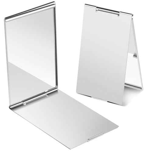 Portable Folding Mirror, 2 Pcs Ultra Slim Pocket Makeup Mirror Mini Travel Mirrors for Purse Aluminum Shell Compact Mirror for Travel Daily Work Business (3.34 ¡¿ 1.99 Inches)