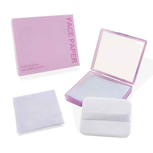BOROLA 3-in-1 Oil Blotting Paper Set for Face 100 Sheets Oil Absorbing Sheets with Portable Mirror & Adhesive Makeup Puff, Blotting Papers for Oily Skin, Design for Men & Women(Purple)
