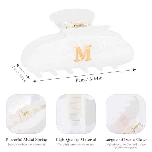 HAIMEIKANG Acrylic Letter Hair Clips For Women - White Hair Claw Clips for Bridal Monogram Hair Claw Alphabet Hair Clip,Large Claw Clip for Thick Hair