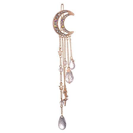 Romantic Crescent Moon Star Crystal Dangle Hairpin Rhinestone Beads Hair Clips Bridal Jewelry Tassel Drop Hair Pins Bobby Pins For Women Girls Hair Accessories (Rose Gold)