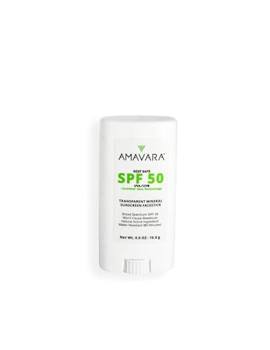 Amavara Mineral Transparent Sunscreen Face Stick SPF 50, Reef Safe Sunblock, 22.5% Zinc Oxide Waterproof Sun Screen, Broad Spectrum, Safe for Kids and Sensitive Skin, Vegan, Cruelty Free, 0.6oz