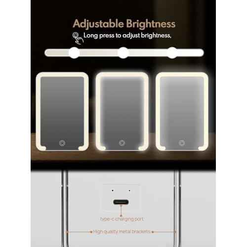 Qislee Magnetic Locker Mirror, 8 x 5 inches Travel Makeup Mirror with Light and Foldable Stand, 3 Color Modes Touch Dimming, Perfect Travel Accessory, White