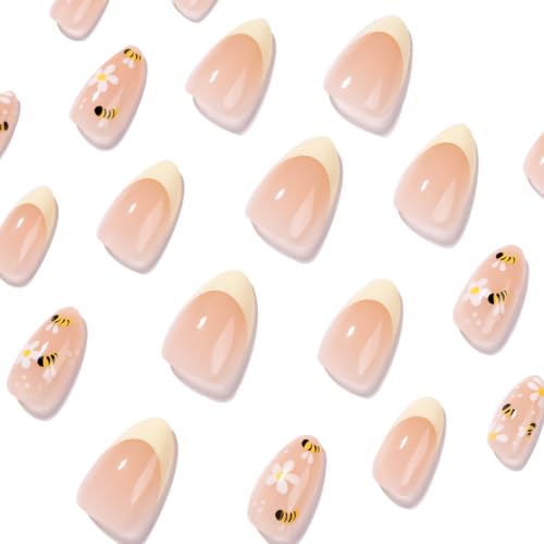 Short Almond Press On Nails with Daisy Bee Design, 24PC