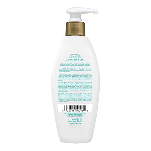 OGX Quenching + Coconut Curls Frizz-Defying Styling Milk, Nourishing Leave-In Hair Treatment with Coconut, Citrus Oil & Honey, Paraben-Free and Sulfated-Surfactants Free, 6 fl oz