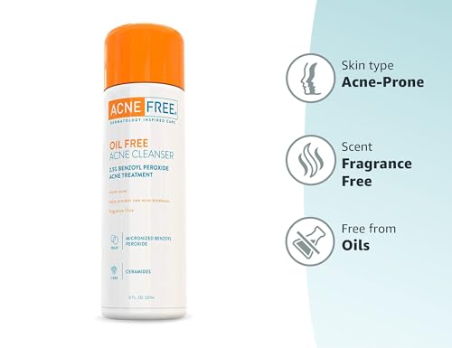 AcneFree Acne Free Oil-Free Cleanser, Benzoyl Peroxide 2.5% with Glycolic Acid to Prevent and Treat Breakouts Unscented, 8 Fl Oz