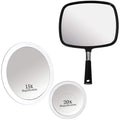 Large Hand Mirror with Comfy Handle - No Distortion Black Portable Handheld Mirror & 20X & 15X Magnifying Mirror Set with 3 Suction Cups Each - Compact & Travel Ready Mirror for Makeup Bundle