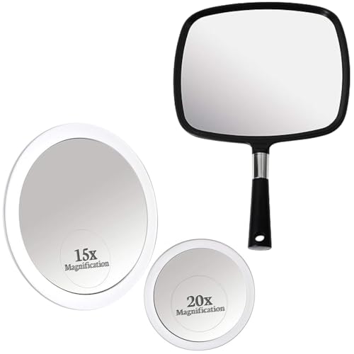 Large Hand Mirror with Comfy Handle - No Distortion Black Portable Handheld Mirror & 20X & 15X Magnifying Mirror Set with 3 Suction Cups Each - Compact & Travel Ready Mirror for Makeup Bundle