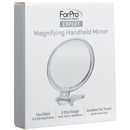 ForPro 30X Magnifying Hand Mirror, 5” Diameter, Folding Handle - Clear