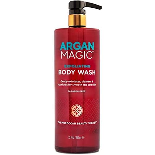 Argan Magic Exfoliating Body Wash - Exfoliates Cleanses Nourishes & Hydrates to Soften Skin - With Lactic Acid, Glycolic Acid, & Argan Oil | Gentle & Paraben Free (32 oz)