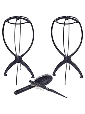 Smilco Wig Stand with Wig Brush Combo, 2 Pack Portable Collapsible Wig Dryer Holder for Wigs Display, Professional Wig Comb for Hair Finishing (Black) (2+2)