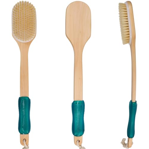 OWIIZI Back Scrubber for Shower Large Surface Body Scrub Brush Stiff Boar Bristles Wooden Curved Long Handle Antiskid Bath Brush for Wet or Dry Brushing
