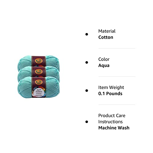 Lion Brand 24/7 Cotton Yarn, Lightweight Yarn for Knitting, Crocheting, and Crafts, Aqua, 3 Pack