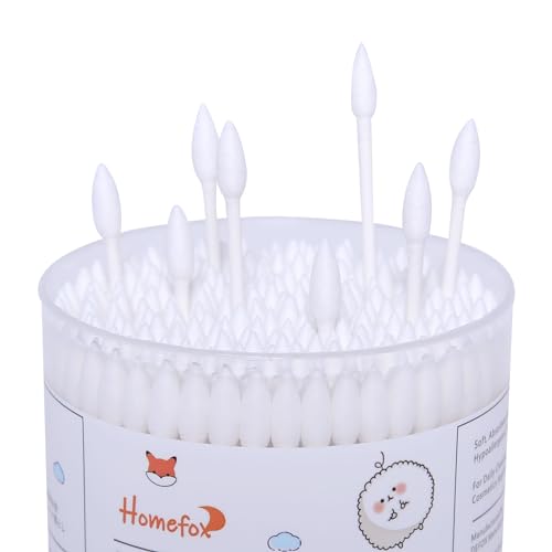 HOMEFOX 400 White Organic Cotton Swabs Spiral Pointed Double Sided - Gentle Lint-Free Tips