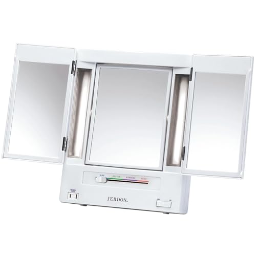 JERDON Lighted Makeup Mirror 5X Magnification Tri-Fold White
