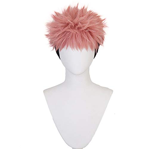 Shancon Anime Yuji Itadori Wig Pink Mixed Black Short Curly Party Hair Halloween Cosplay Props Accessory for adult