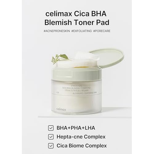 celimax Ji.Woo.Gae CICA BHA Blemish Toner Pad | BHA PHA LHA Complex, Centella Asiatica Extract, Hydrating, Moisturizing, Soothing, Reparing, (60 Pads)