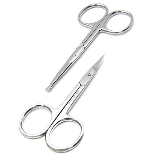 Pack of 2 Curved & Rounded Blunt Tip TSA Stainless Steel Small Scissors for Eyebrows & Eyelashes for Beard Trimming & Moustache, Baby Scissors for Nails, Nose & Facial Hair Scissor.
