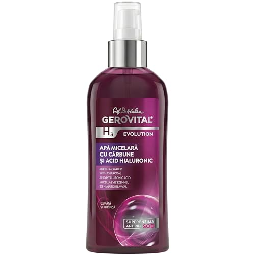 Gerovital EVOLUTION Micellar Water with Hyaluronic Acid and Charcoal, Skin Cleanser and Toner, Hydrating Makeup Remover for All Skin Types, 150 ml