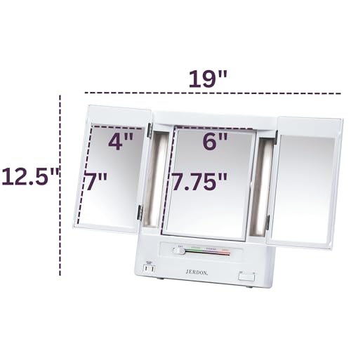 JERDON Lighted Makeup Mirror 5X Magnification Tri-Fold White