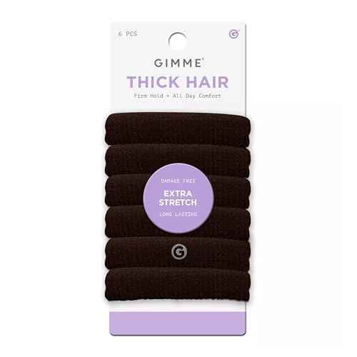 GIMME Beauty Thick Hair Extra Stretch Bands - Patent-Pending Design for Maximum Hold - Premium Ties for Thick & Curly Hair - Sleek & Strong Hold - Dark Brown, 6 Pack