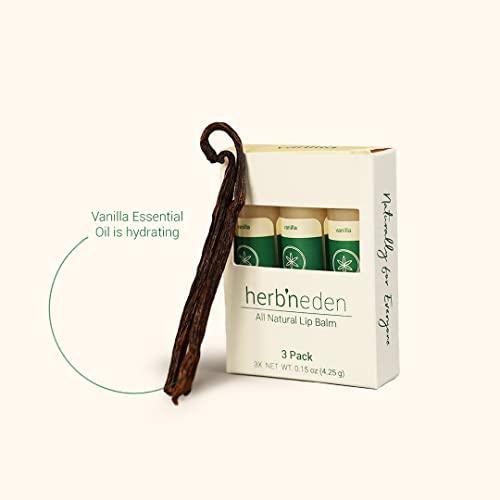 Herb¡¯N Eden Vanilla Lip Balm Pack of 3 | Moisturizing and Soothing for Dry, Chapped Lips | 100% Natural Ingredients | Essential Oils
