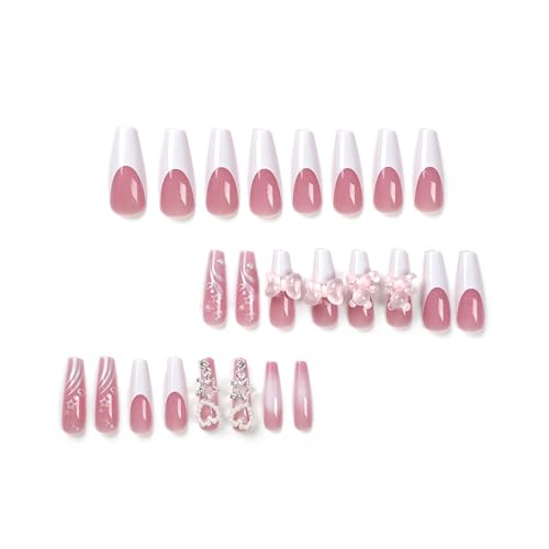 Ballet Press on Nails Long, 3D Pink Bow Rhinestone Star Fake Nails White French Tip Stick on Nails Heart Bear Bling Pearl False Nails Coffin Acrylic Nails Manicure for Women and Girls, 24PCS