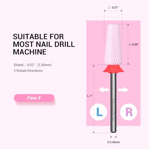5 in 1 Ceramic Nail Drill Bits - Fine Grit, 3/32'' Shank, Pink