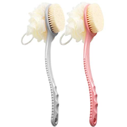 AARainbow 2 Packs Shower Body Brush with Bristles and Loofah, Back Scrubber Mesh Sponge with Curved Long Handle for Skin Exfoliating Bath, Massage Bristles Suitable for Men and Women (1Gray+1Pink)