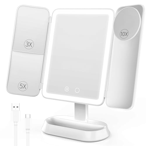 Makeup Mirror with Lights, Rechargeable Mirror with 3X/5X/10X Magnification, Portable Vanity Mirror with for Travel/Desk, Valentines Day Gifts for Her