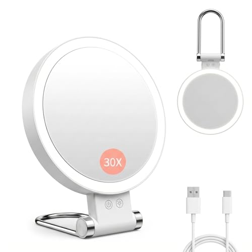 SANYCASA Lighted Makeup Mirror - 1X/30X Magnifying, Rechargeable, 3 Color Adjustable LED