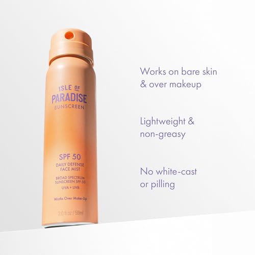 Isle Of Paradise Daily Defense Face Mist SPF 50 Sunscreen, Broad-Spectrum UVA/UVB Protection, Weightless & Lightweight, Hydrating Spray Sunscreen for All Skin Types, 2 fl. oz