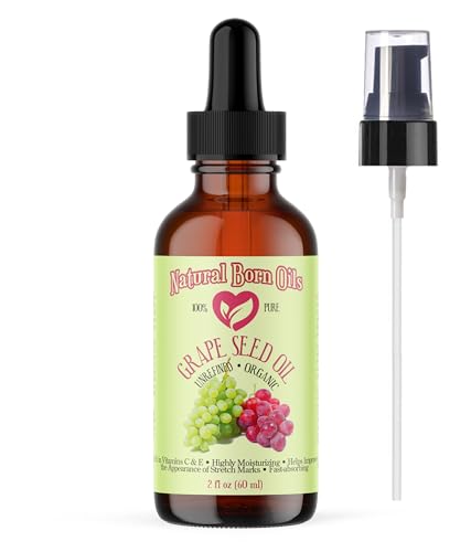 2oz Grape Seed Oil, 100% Pure and Natural, Organic, Moisturizer for Skin and Hair - Includes Pump & Dropper