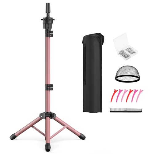 Pink Adjustable Wig Head Stand 50 Inch Tripod for Salon & Styling