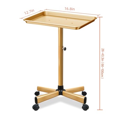 Adjustable Salon Tray Cart with Wheels, 26-43 Inch Gold Aluminum