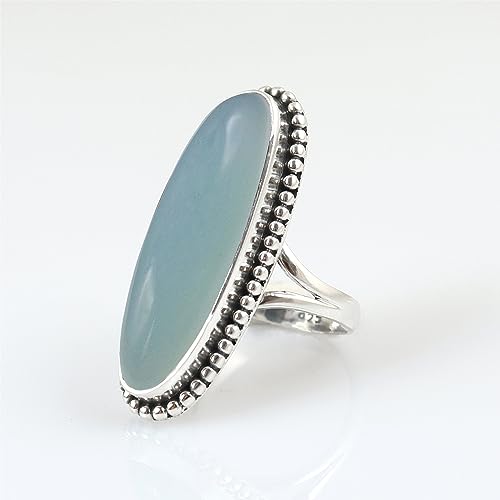 Long Oval Aqua Chalcedony Ring 925 Sterling Silver Handmade Ring For Women Wedding, Engagement Gift For Her Aqua Blue Gemstone Ring Chalcedony Jewelry By NKG