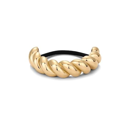 PAVOI 14K Yellow Gold Plated Waterproof Chunky Croissant Metal Hair Cuff for Women - Stainless Steel Statement Ponytail Cuff - 20mm Twisted Stretchy Gold Hair Ties for Ponytails Fashion Accessories